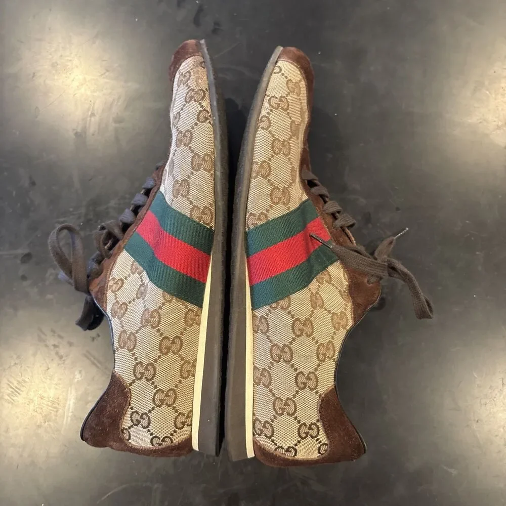 Vintage Gucci 117711 GG Canvas Web Stripe Suede Sneakers Mens US 11.5 Made Italy